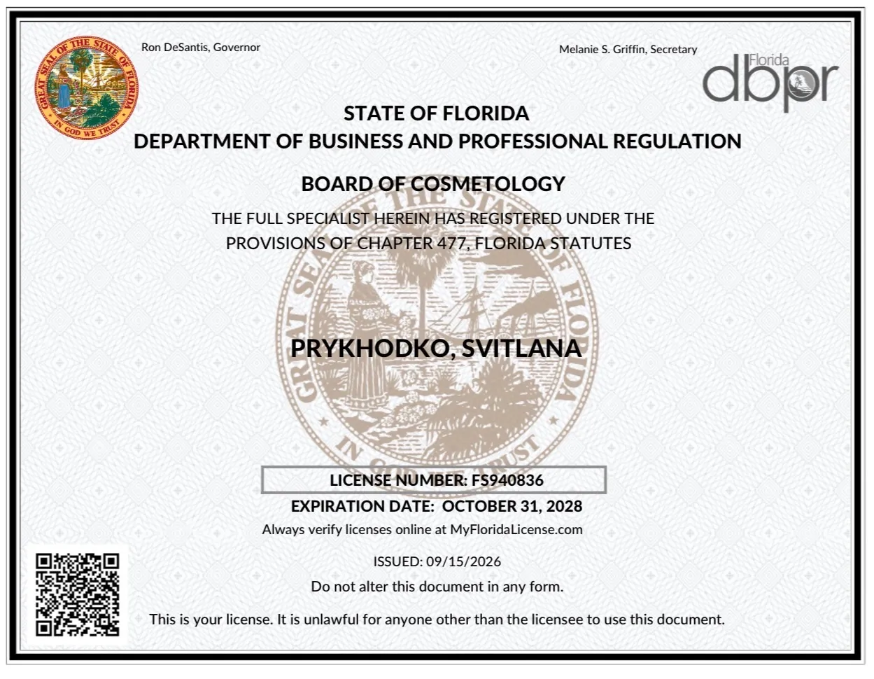 Florida Licensed Full Specialist license FS940836, Svitlana Prykhodko